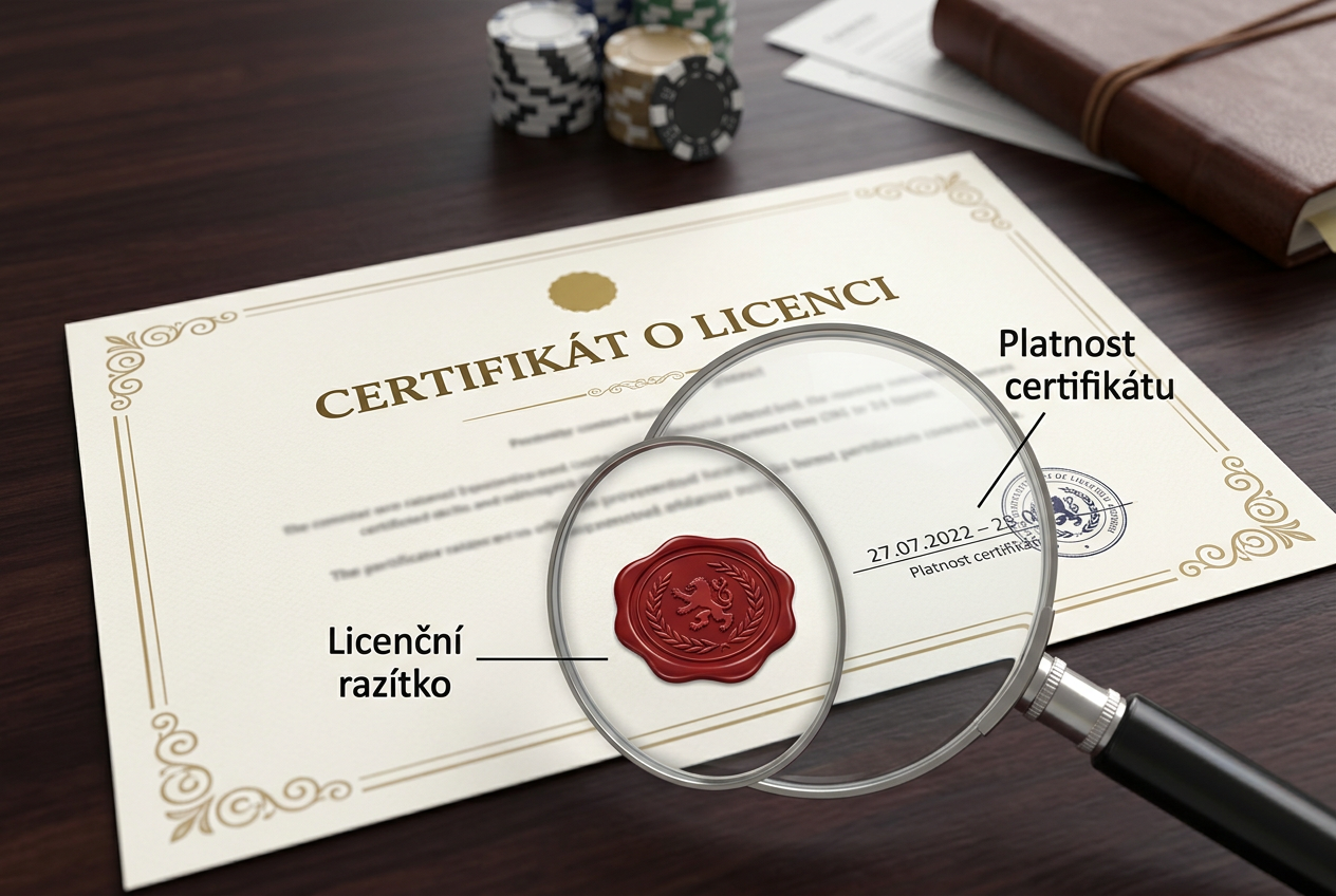 Infografika zobrazující lupu nad certifikátem s českými popisky zdůrazňujícími kontrolu licence